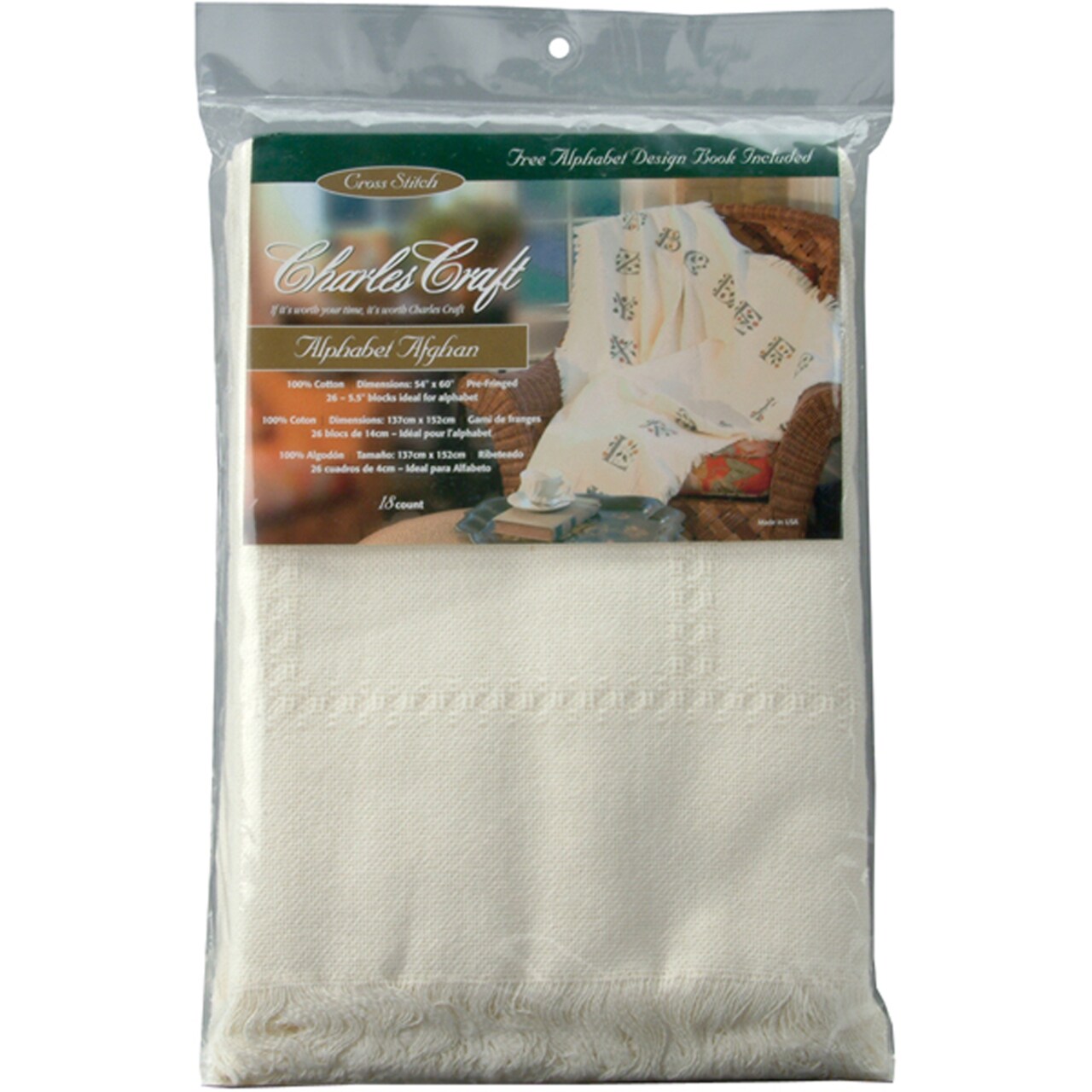 Charles Craft Alphabet Afghan Base - Ecru, 18 Stitch Count, 54"X60"